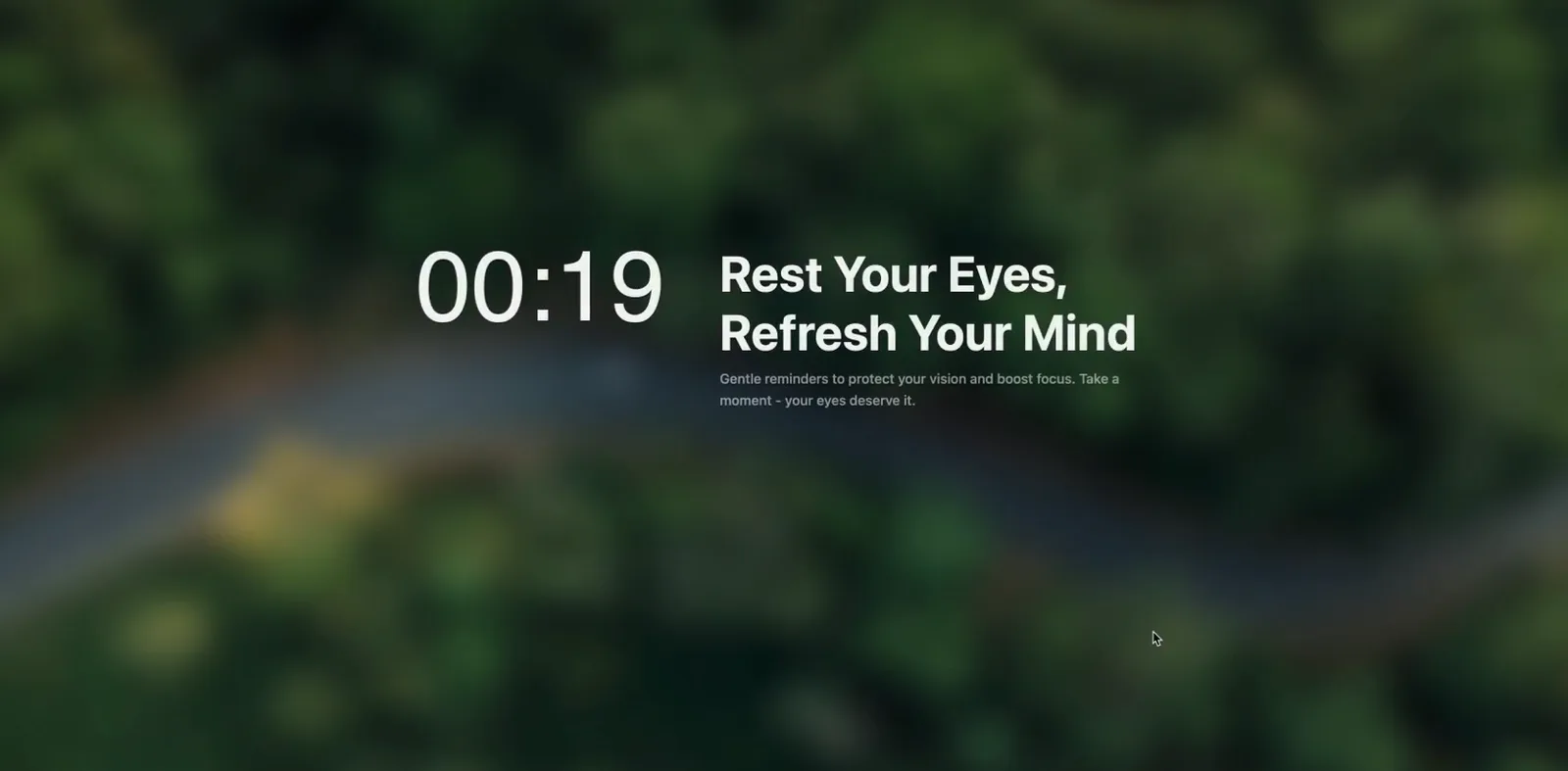 DeskRest break screen from our install: full-screen overlay with a 19-second countdown and the prompt 'Rest Your Eyes, Refresh Your Mind'
