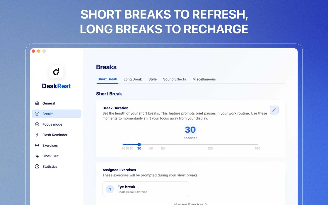 DeskRest break settings window on macOS showing short and long break scheduling