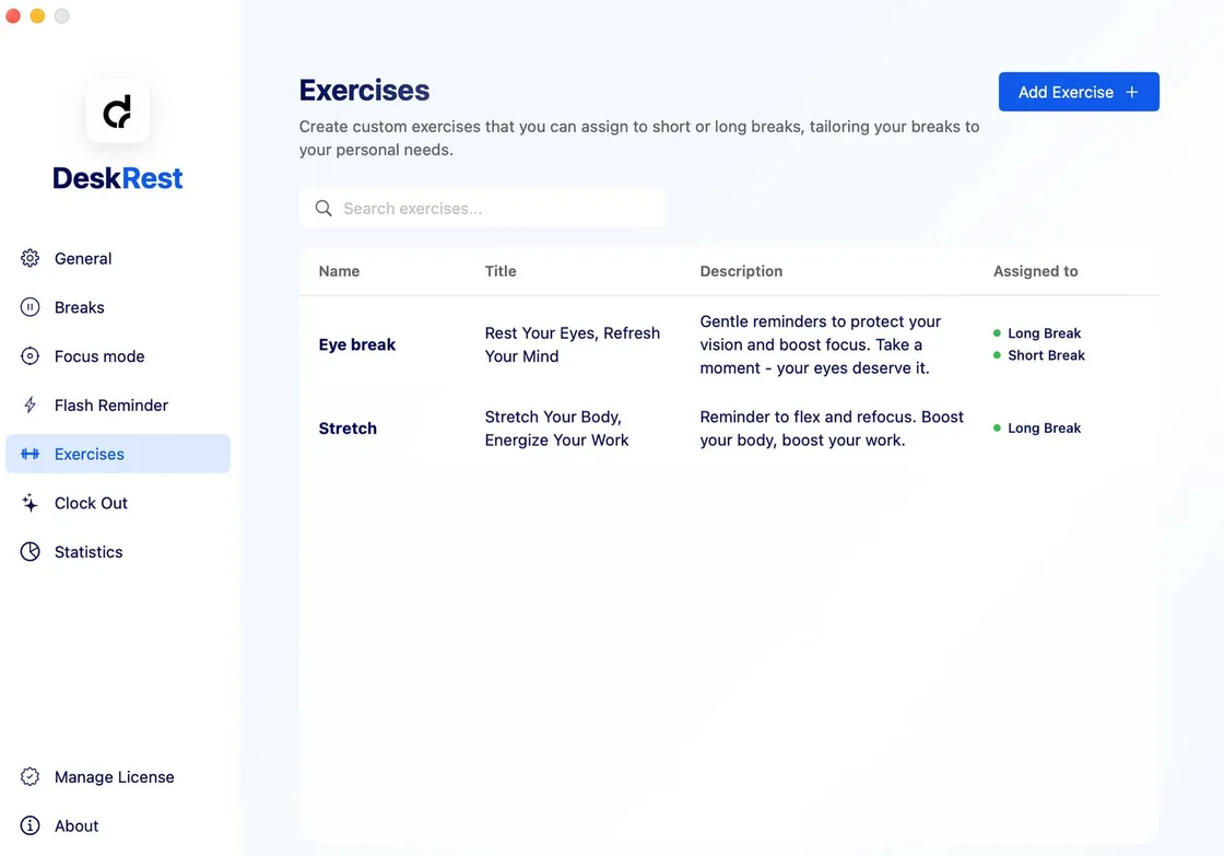 DeskRest custom exercises settings on macOS
