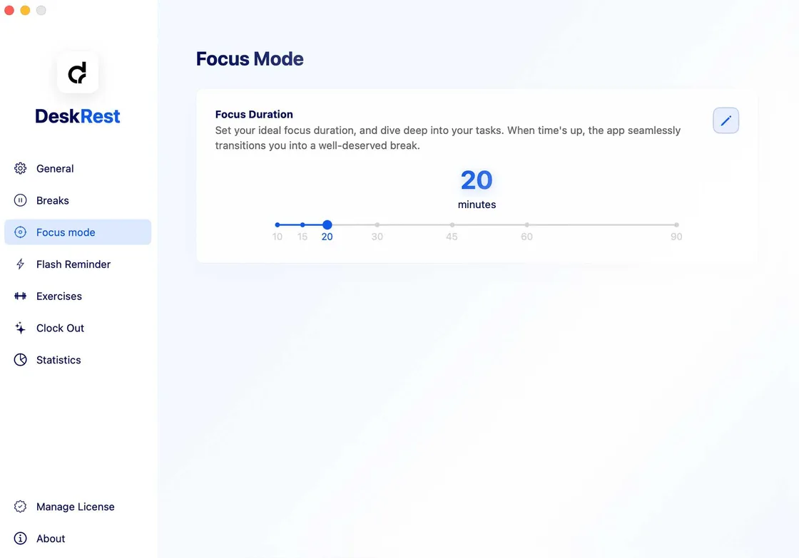 DeskRest Focus Mode settings — system integrations are configured in the open