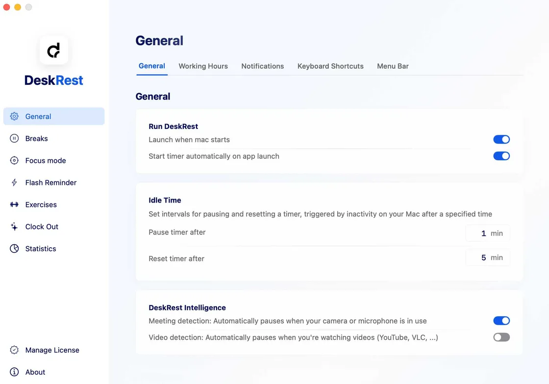 DeskRest settings window running on macOS — the app is native to the Mac