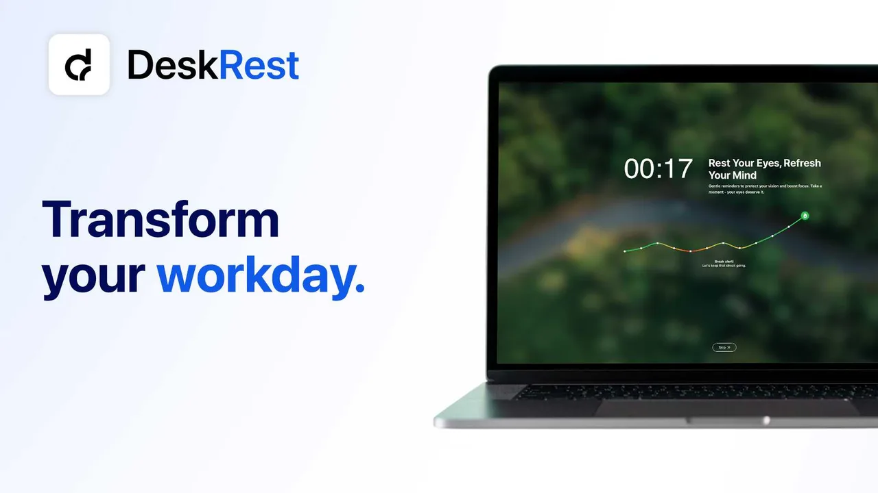DeskRest for Mac feature overview — break screen with countdown and streak chart